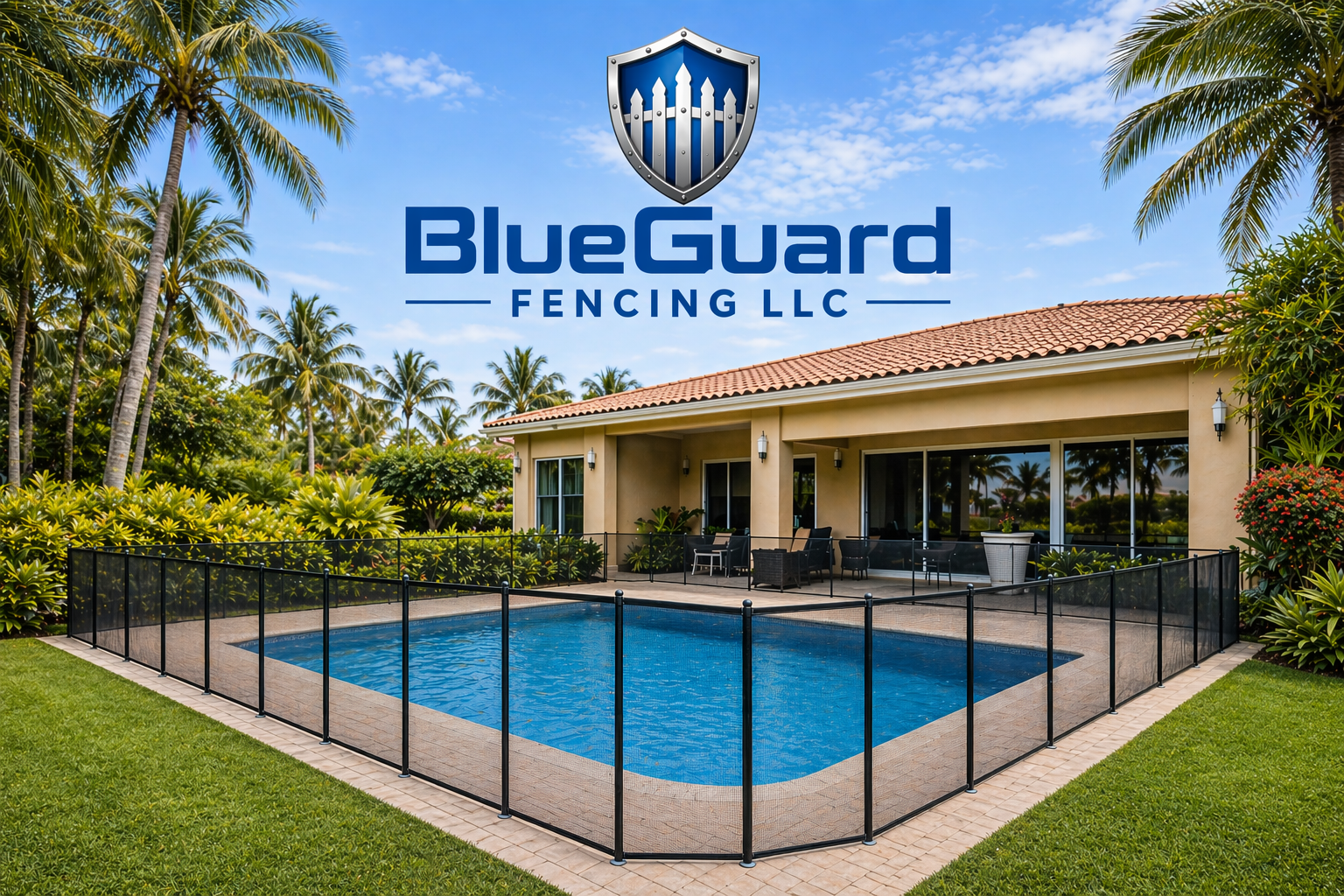 BlueGuard Fencing LLC branding above a Florida backyard with pool fencing